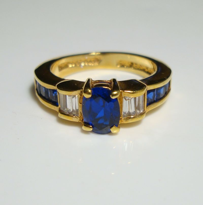 Lind Blue Sapphire CZ Ring Size 8 14K HGE Baguette Cut CZs 1980s Vinta ...