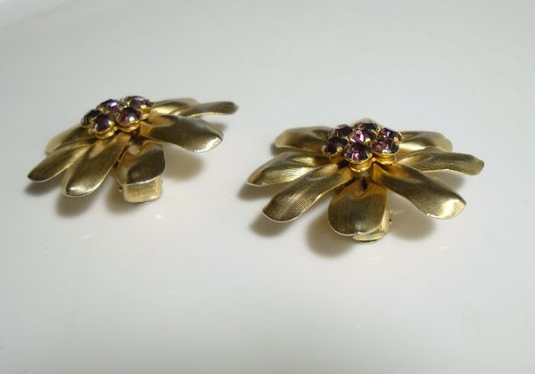 NAPIER Large Flower Clip On Earrings Amethyst Rhinestones Vintage Flor