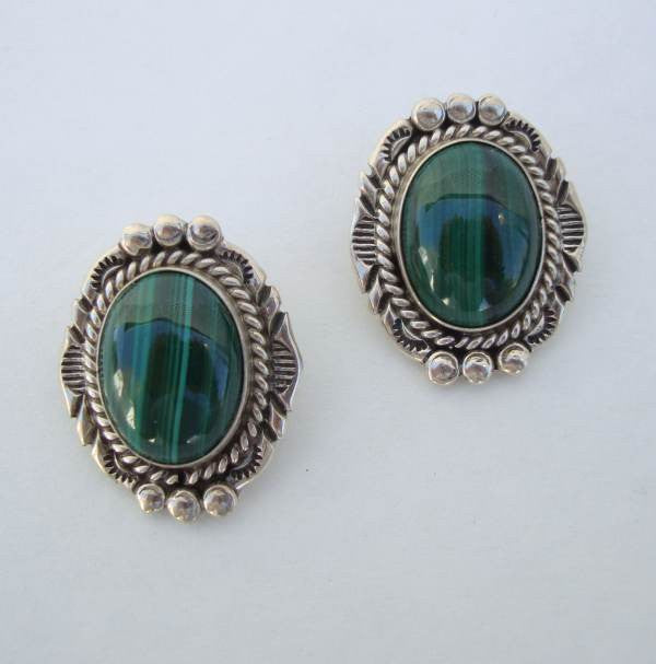 NE Signed Malachite Sterling Silver Clip On Earrings Designer Gemstone ...