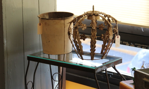 vintage sap bucket and lamp frame