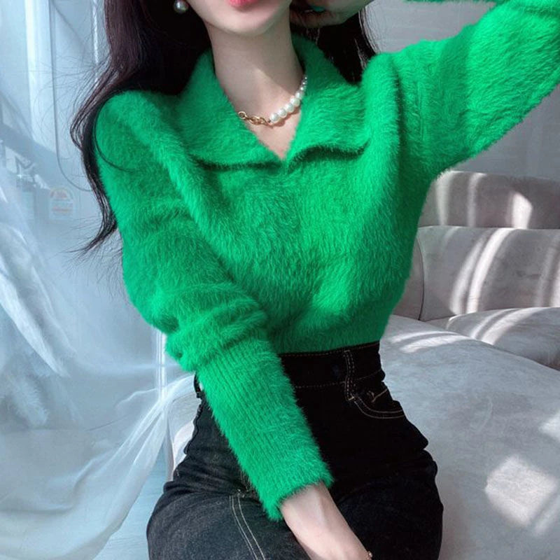 Korean Turn-Down Collar Long Sleeve Pullover Sweater for Women - Image 4