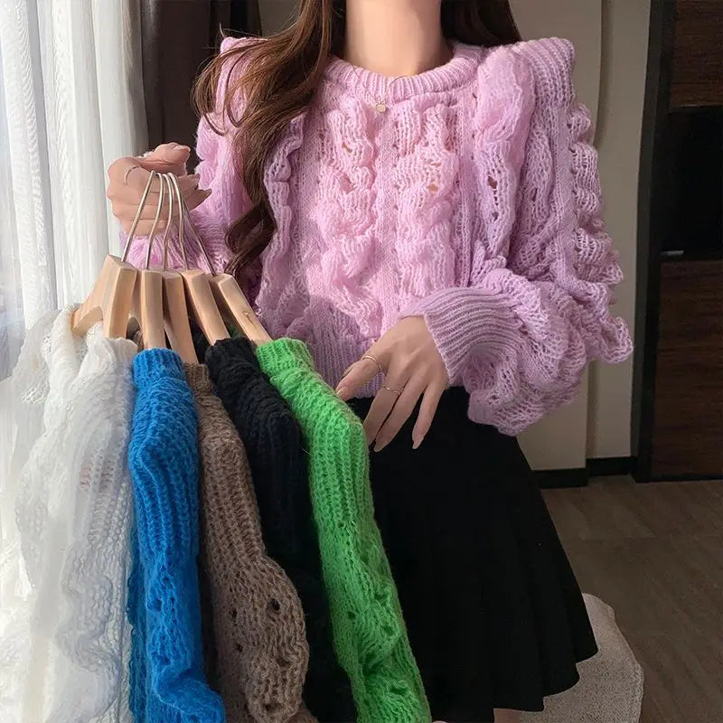 Spring Women's Hollow Out Knitted Long Sleeve Crop Sweaters - Image 7