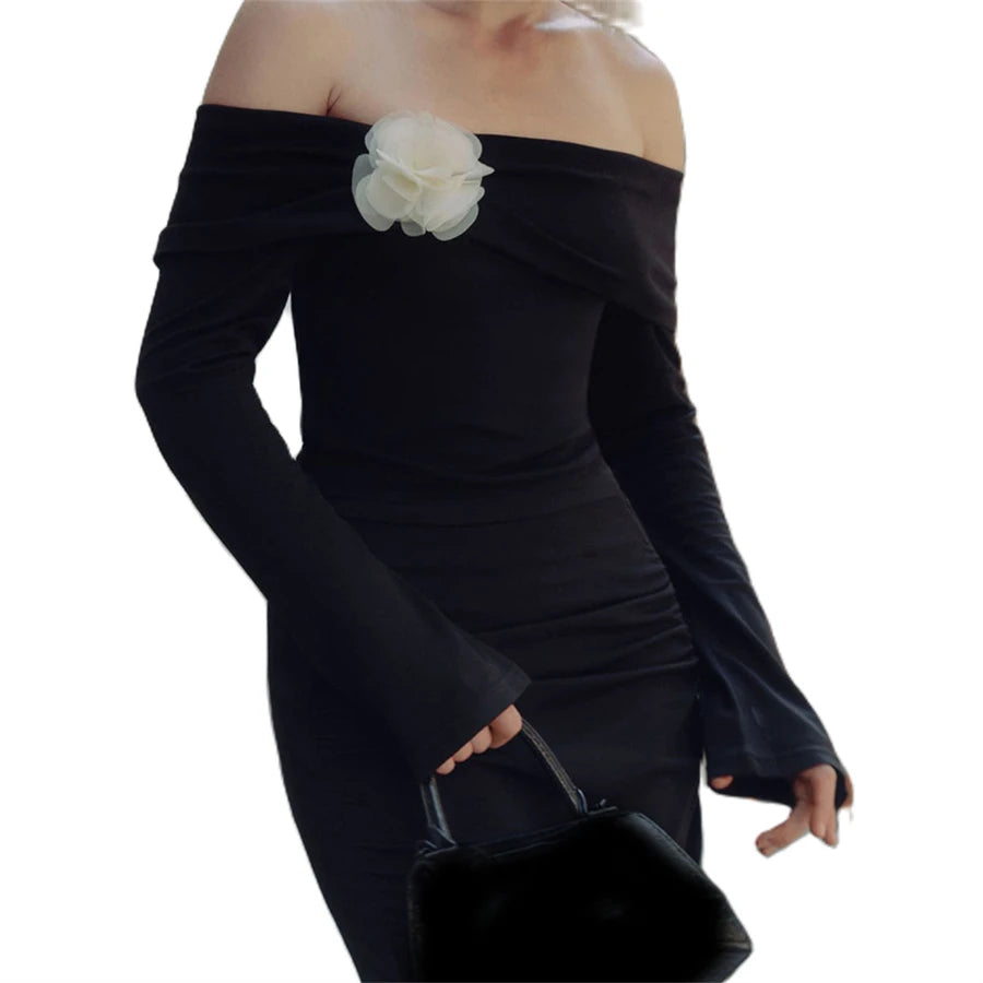 Retro Black Flare Sleeve Shoulder Crop Top for Women - Image 3
