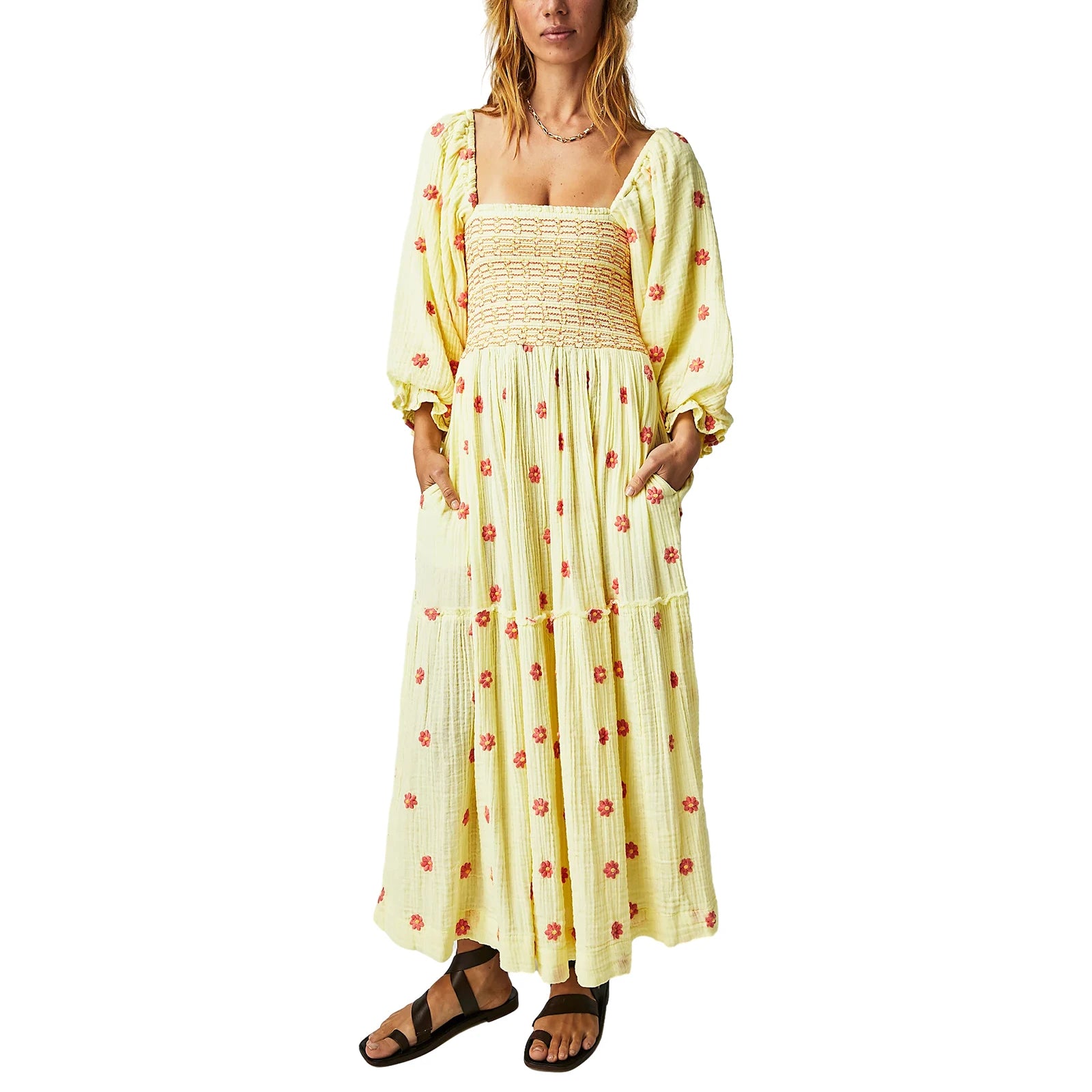 Autumn Women's Long Sleeve Embroidered Swing Dress Slim Pleated