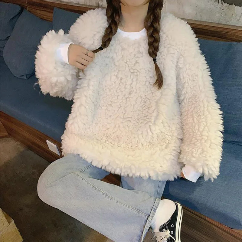 Imitation Lamb Wool O Neck Pullover Women's Casual Winter Coat - Image 4