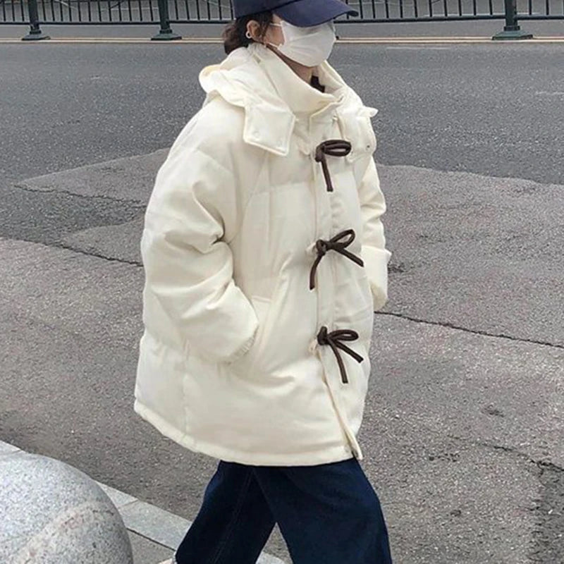 Korean Velvet Bow Bandage Parka Jacket for Women, Winter Coats - Image 5