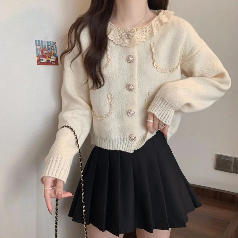 Women's Pearl Button Patchwork Cardigan Sweater, Korean Style, Pink - Image 8