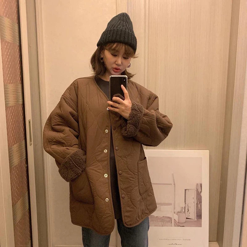 Vintage V-Neck Jacket Women's Parka for Autumn and Winter - Image 5