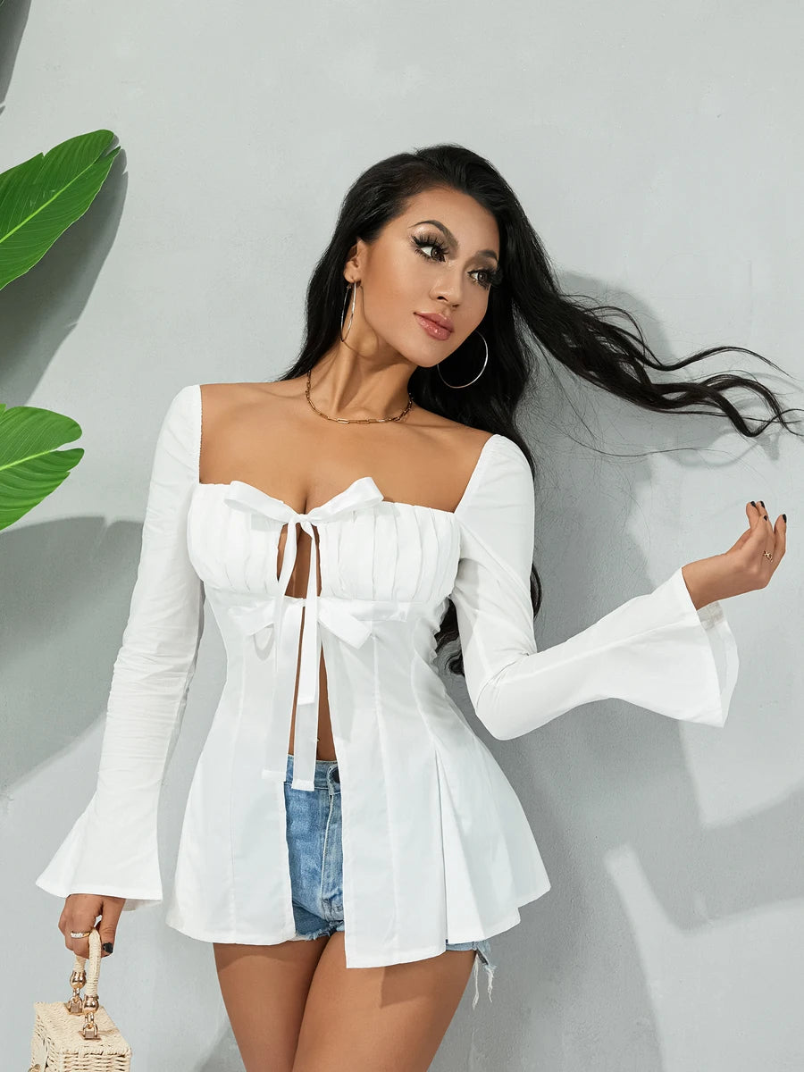 Chic Flare White Shirt for Women with Pleated Square Neck - Image 6