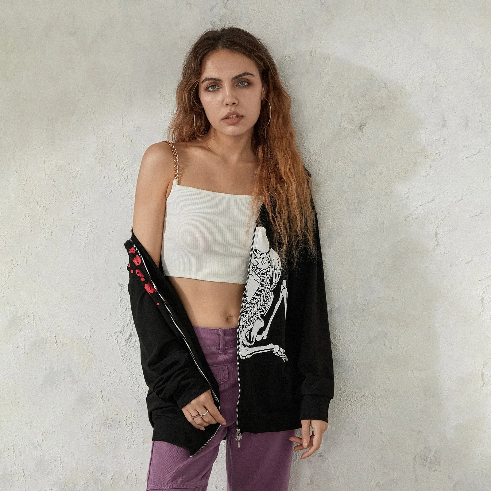 Skeleton Print Hoodie Gothic Grunge Zipper Closure Casual Outerwear - Image 6