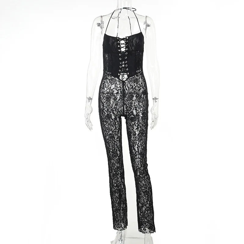 Autumn Lace Print Eyelet Strap Jumpsuit and See-Through Trousers - Image 6