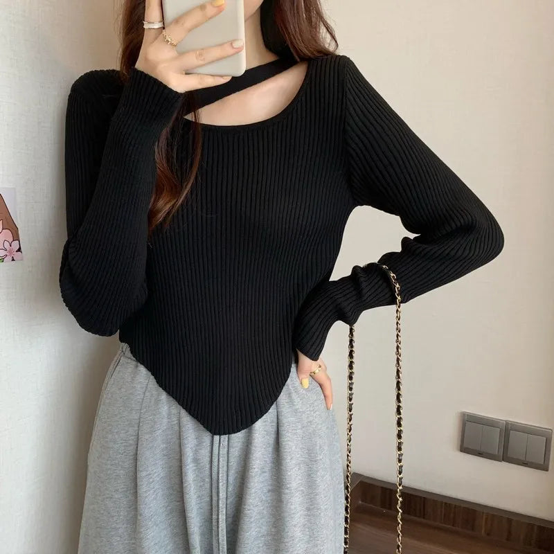 French knitted long sleeve tops for women, chic halter style - Image 3