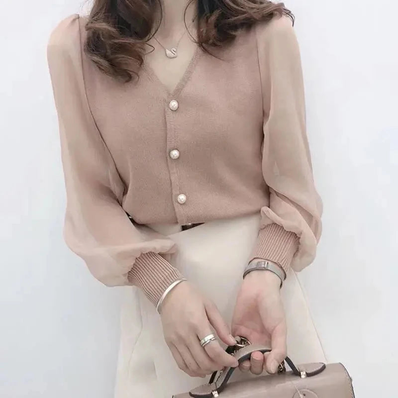 Chiffon knitted blouse with mesh and button details for women