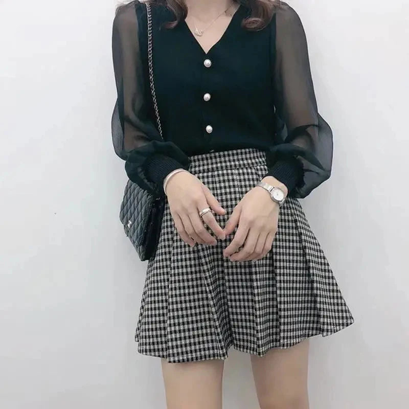 Chiffon knitted blouse with mesh and button details for women - Image 4