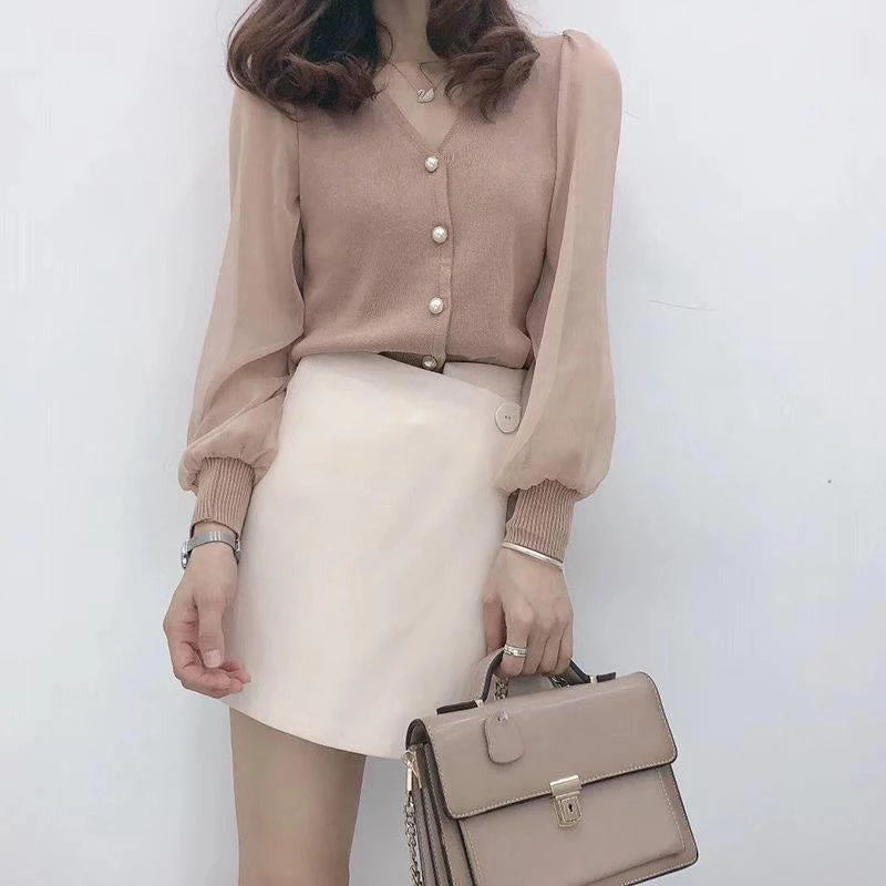 Chiffon knitted blouse with mesh and button details for women - Image 3