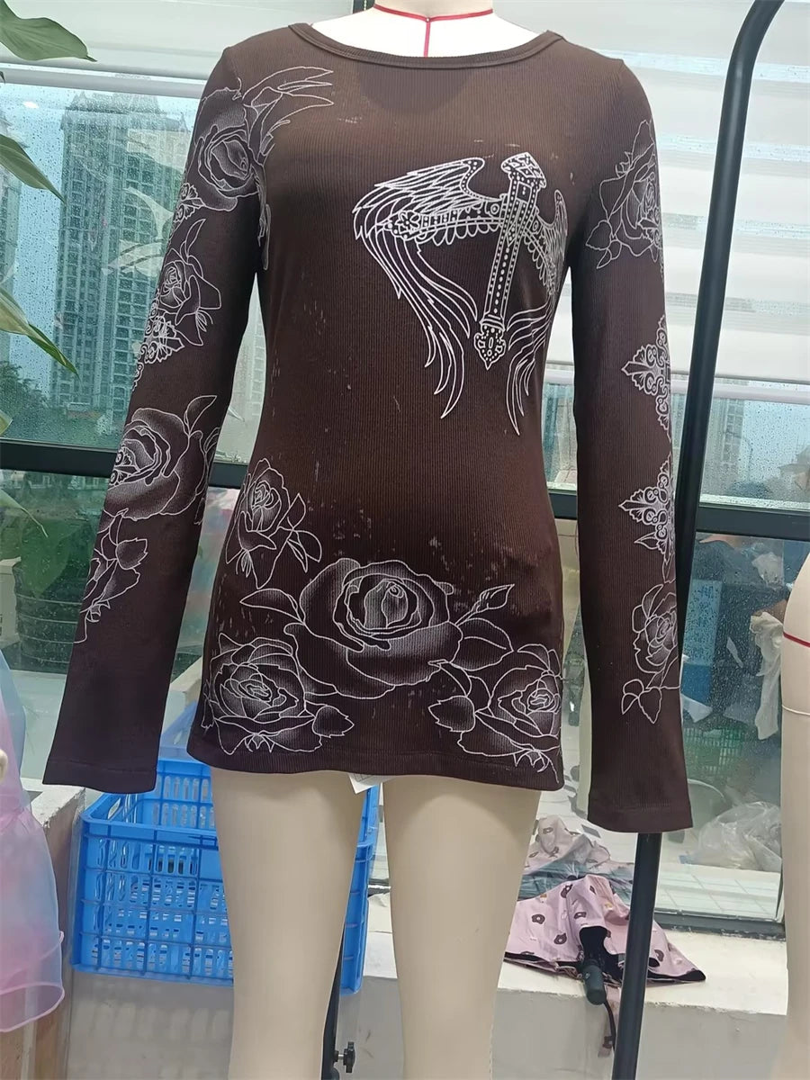 Gothic Retro Cross Print Long Sleeve Slim Fit Pullover - Image 4