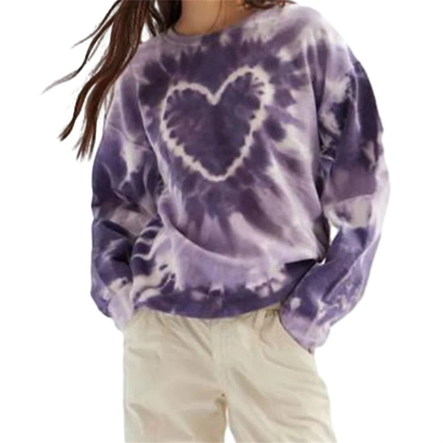 Trendy Heart Tie Dye Print Crewneck Sweatshirt for Women