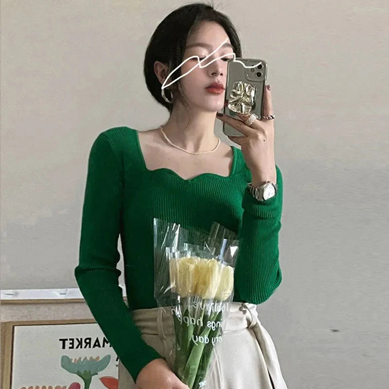 Korean Chic Knitted Solid Slim Long Sleeve Sweater vintage - Image 3