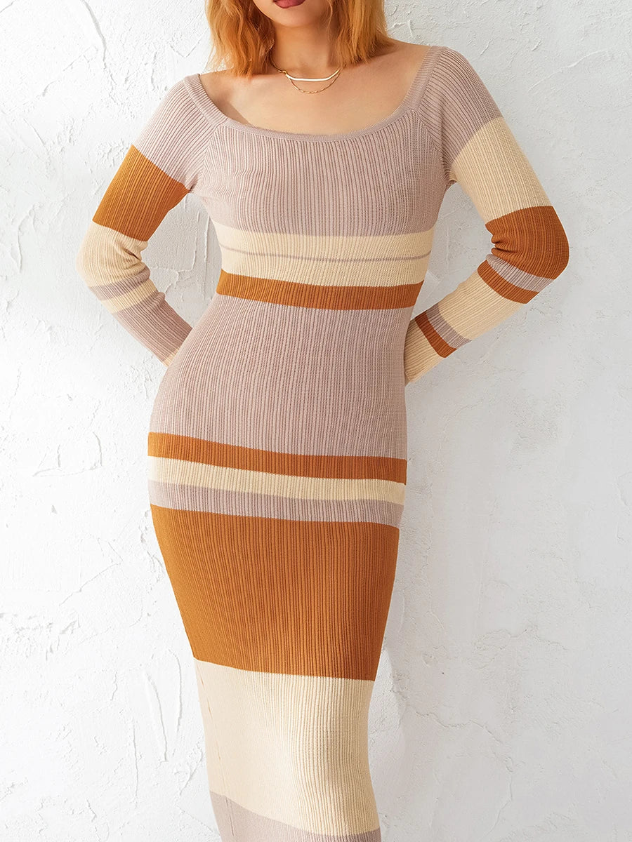 Women's Knit Long Dress with Contrast Stripes and Bodycon Fit - Image 4