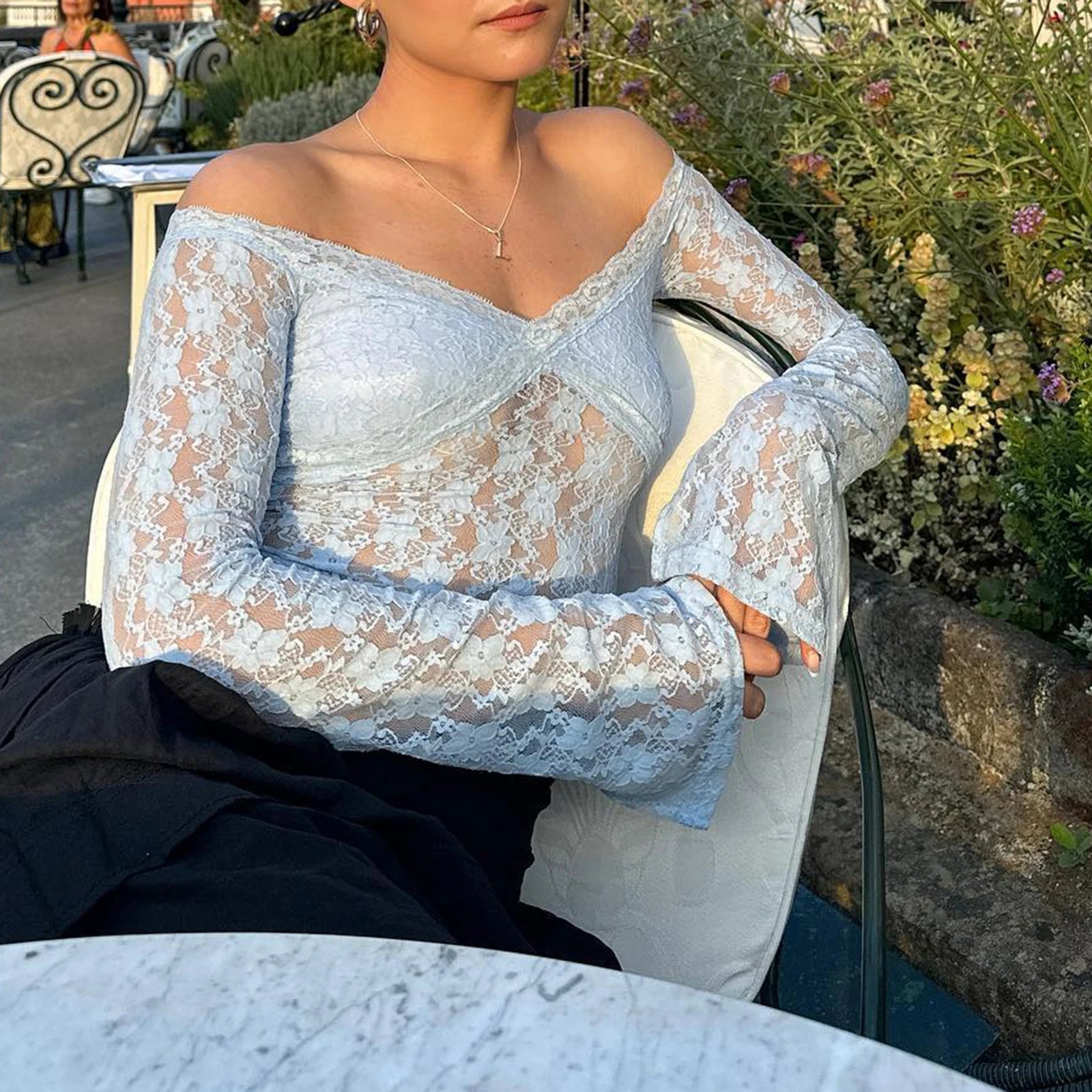 Long Sleeve Off-Shoulder Sheer Floral Crop Tops Streetwear Pullovers - Image 3