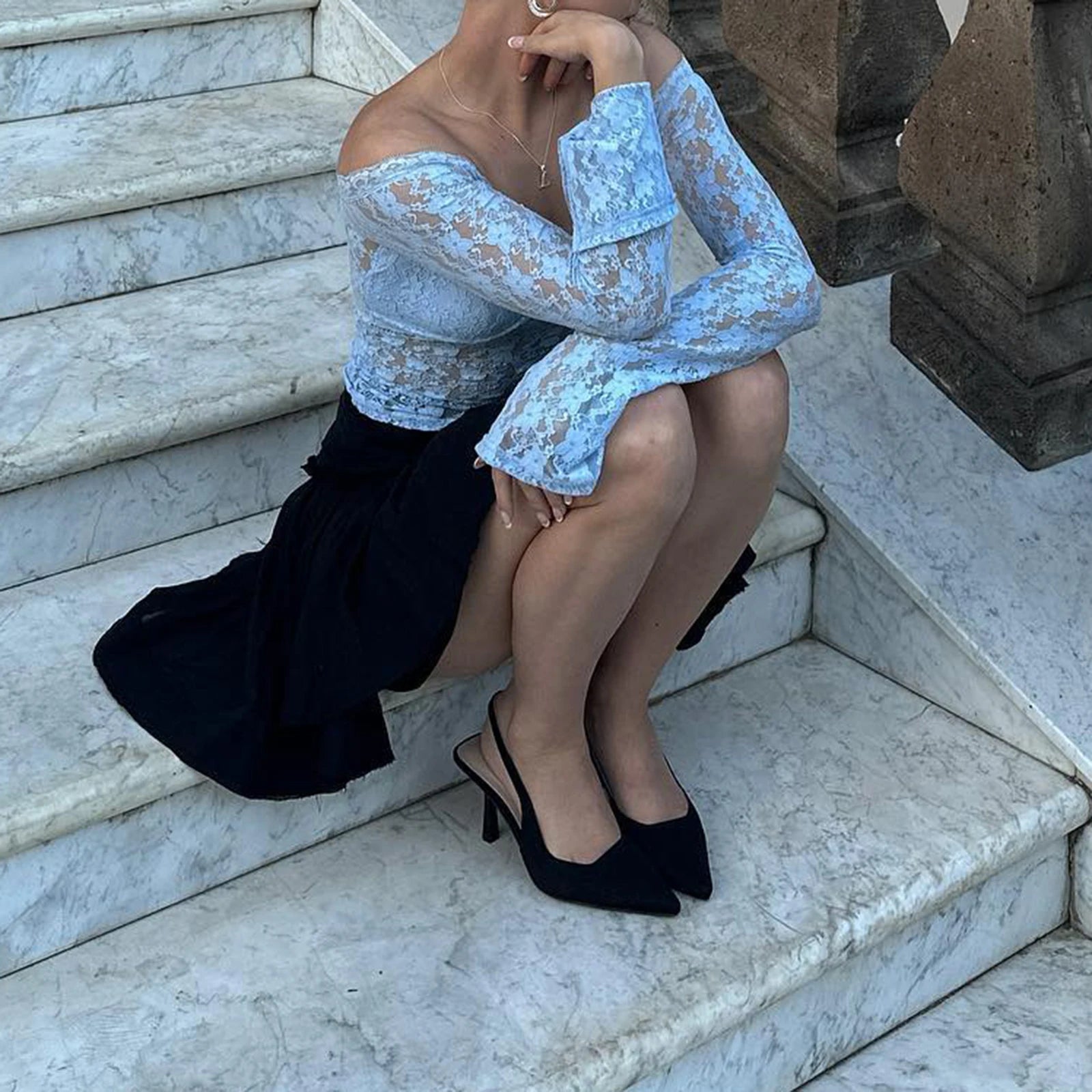 Long Sleeve Off-Shoulder Sheer Floral Crop Tops Streetwear Pullovers - Image 5