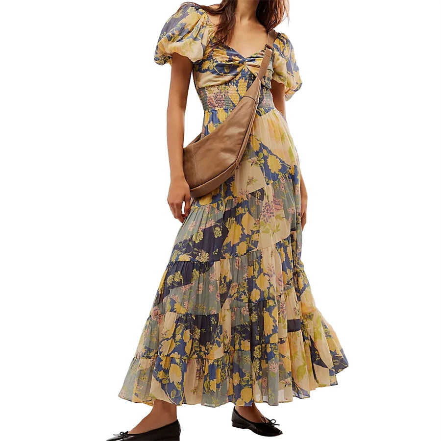 Retro Flower Print Flowy Hem A-Line Beach Dress Women's Summer - Image 3