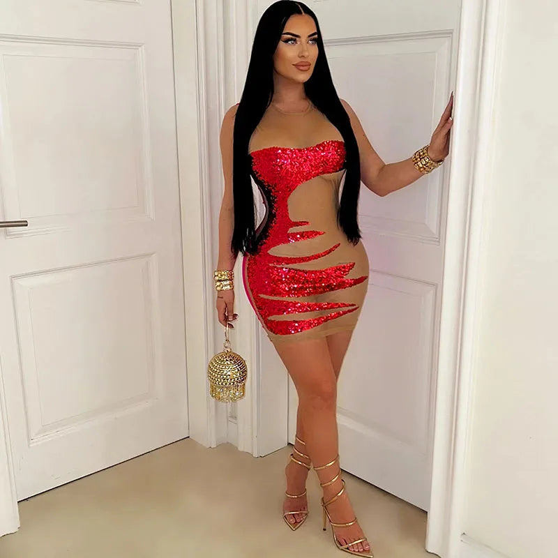 Glittery See Through Sequin Sleeveless Party Mini Dress - Image 3