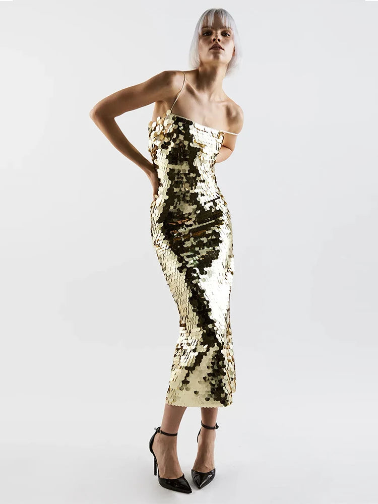 Glittery Sleeveless Sequins Dress with Spaghetti Straps for Women