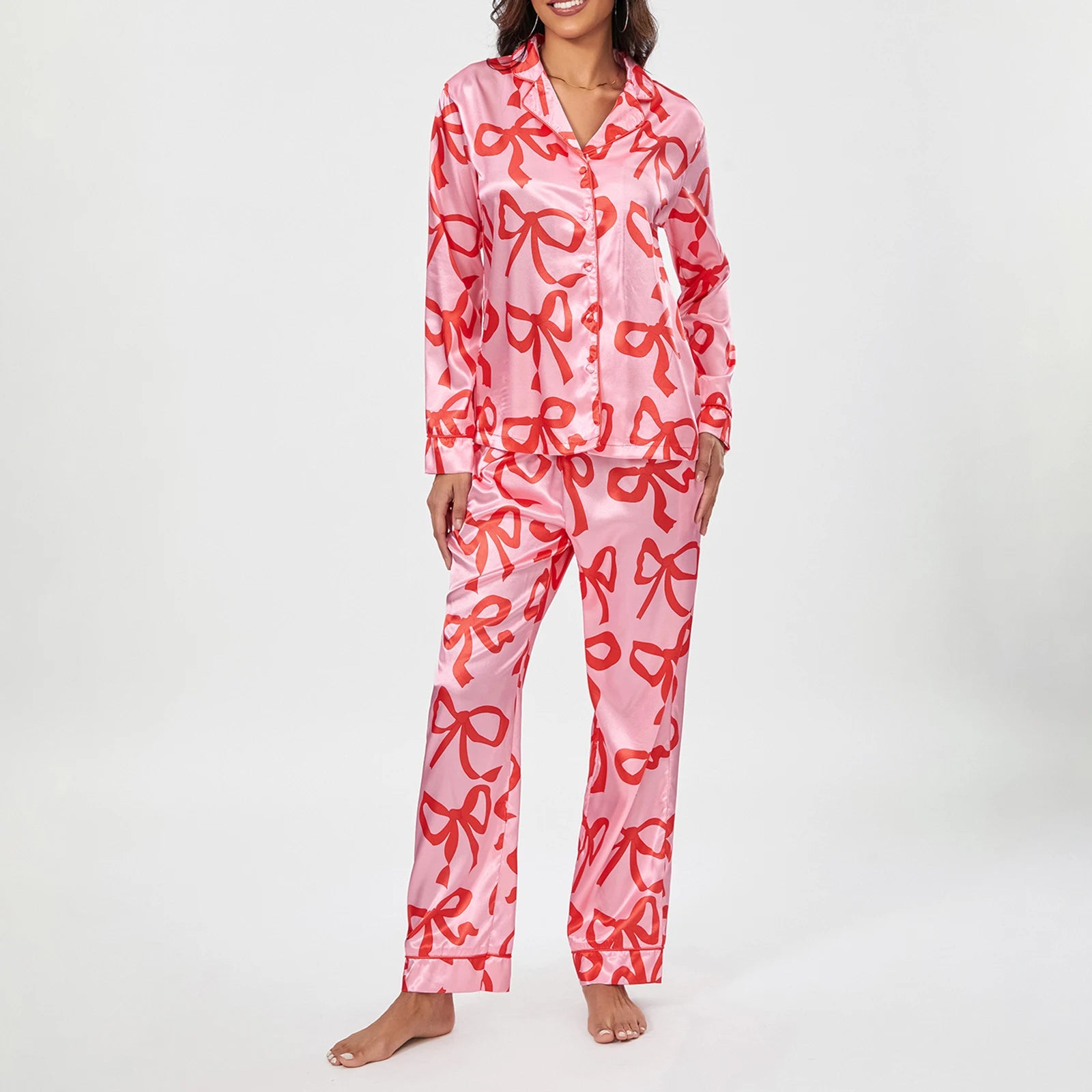 Spring Women's 2-Piece Bowknot Print Pajama Set with Long Sleeves - Image 4
