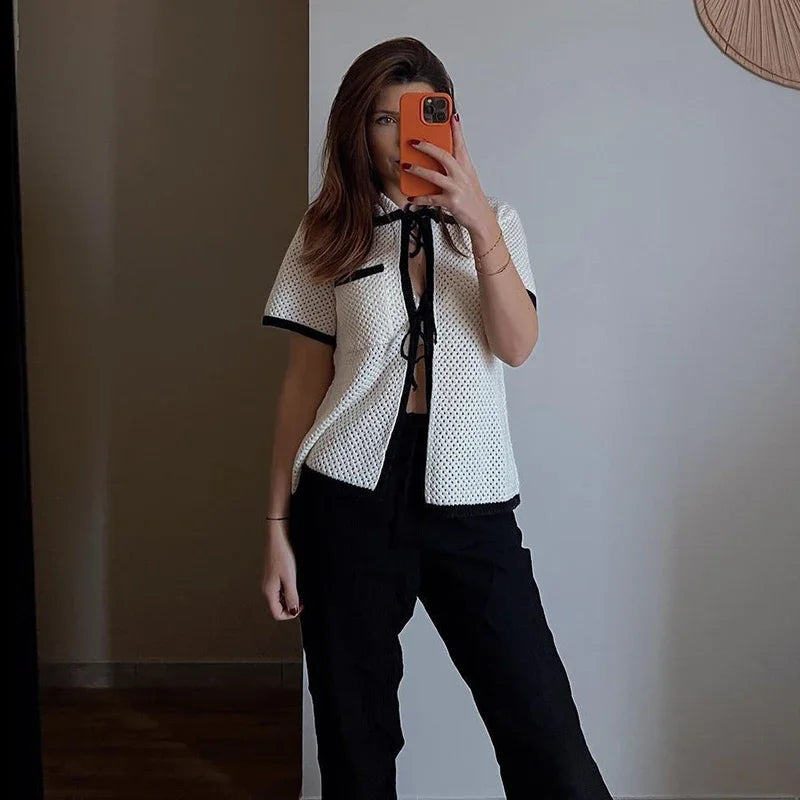 Knitted Hollow Out Turn-down Collar Top and Skirt Set - Image 6