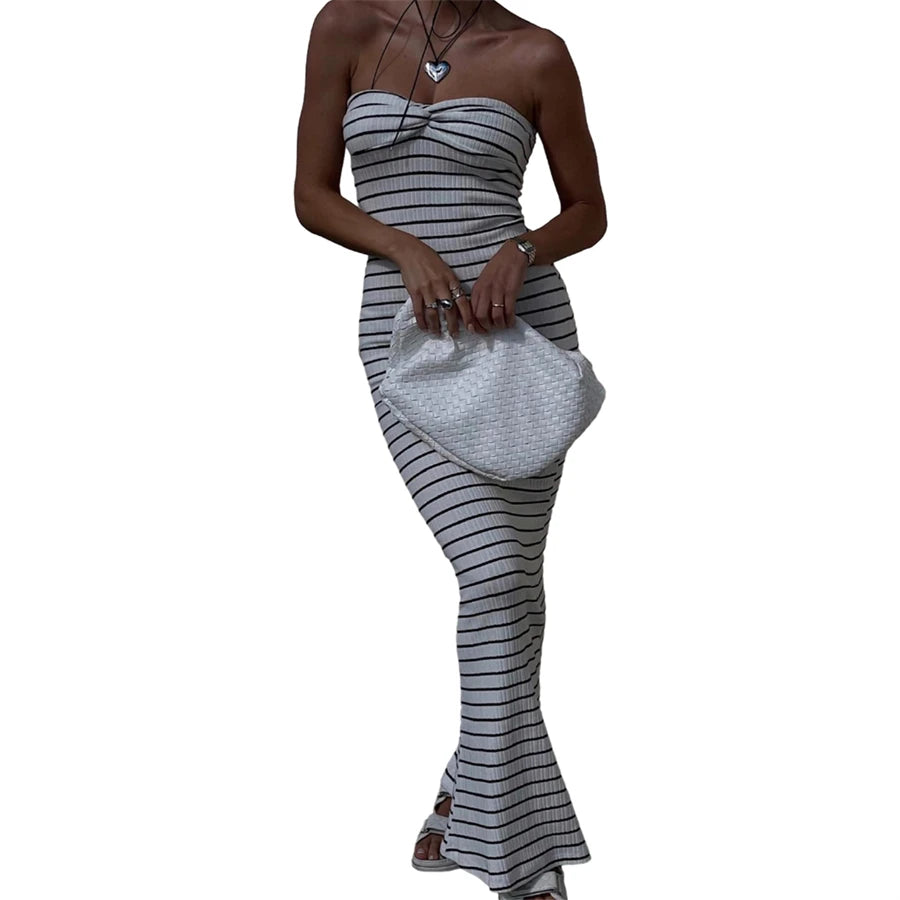 Striped Knitted Strapless Bodycon Party Dress for Women - Image 4