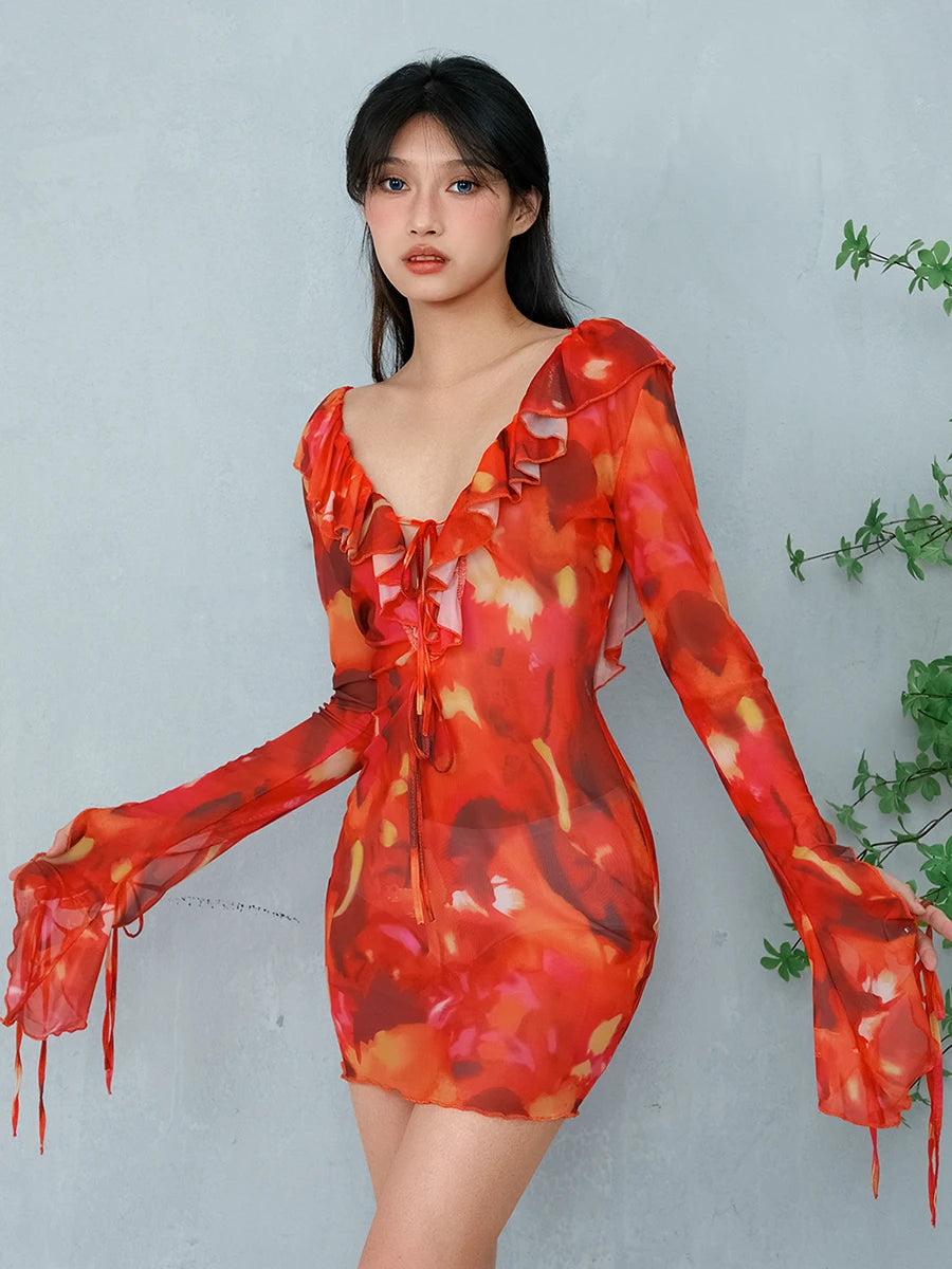 Tie-Dye Print Ruffles Bodycon Dress Deep V-Neck Backless Mini - Image 6