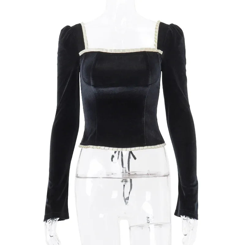 Square Neck Long Sleeve Black Velvet Crop Top for Women - Image 6