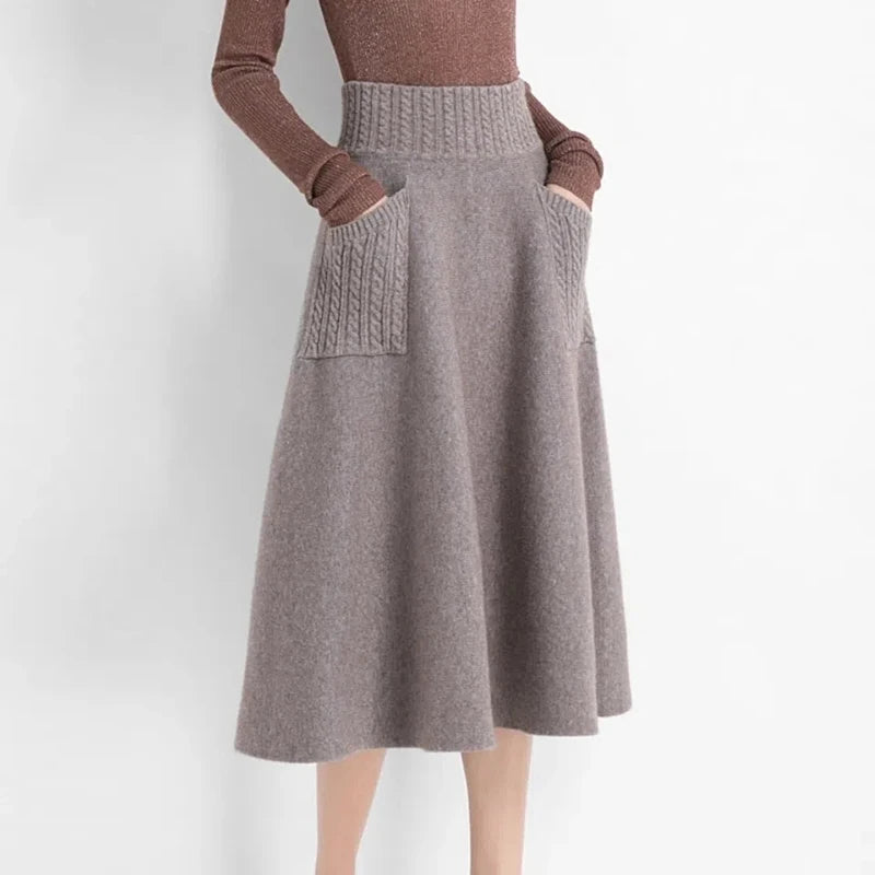 Cozy High Waist Wool Skirt with Double Pockets