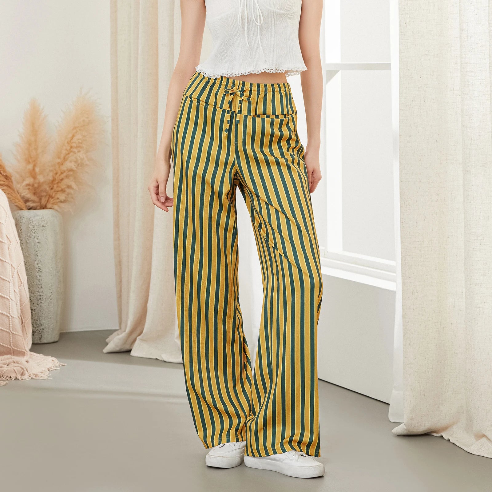 Women's Wide Leg Striped Pants with Drawstring Waist - Image 3
