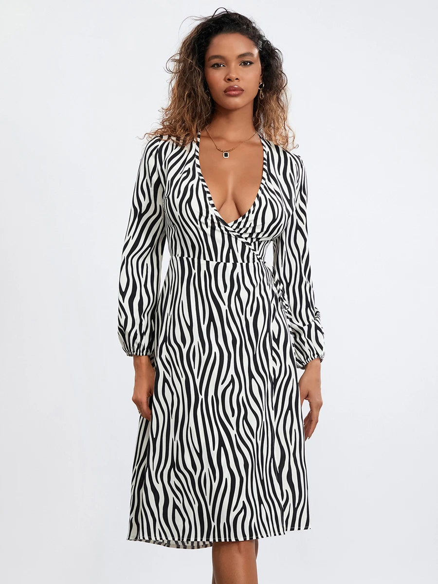 Zebra Print Long Sleeve Midi Dress for Fall Office Wear - Image 3