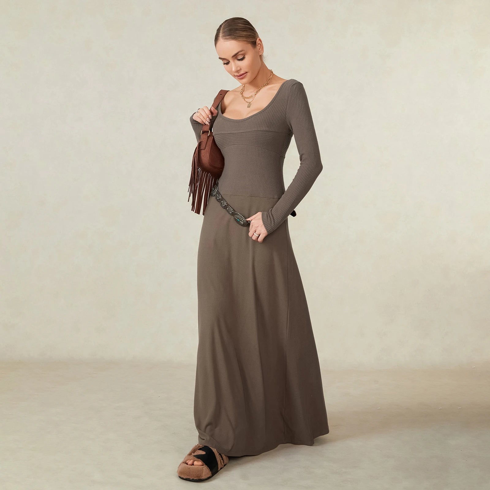 Women's Casual Long Sleeve Square Neck Knit Dress - Image 6