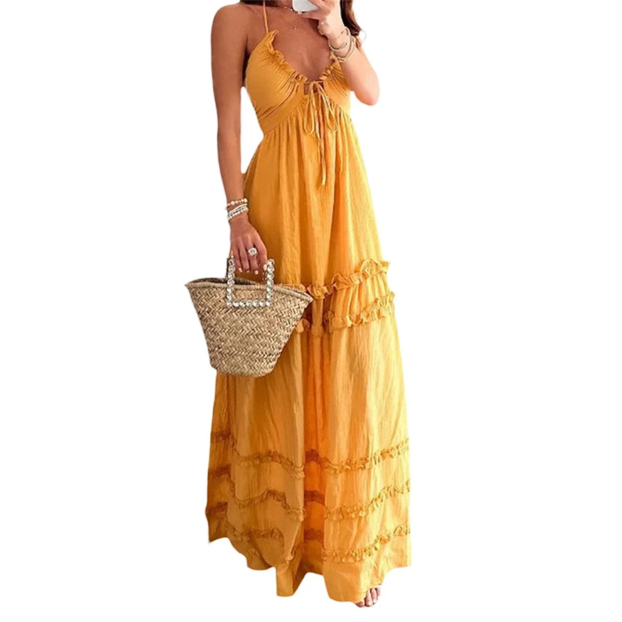 Women's Halter Tie Beach Long Dress with Ruffle Trim - Image 4