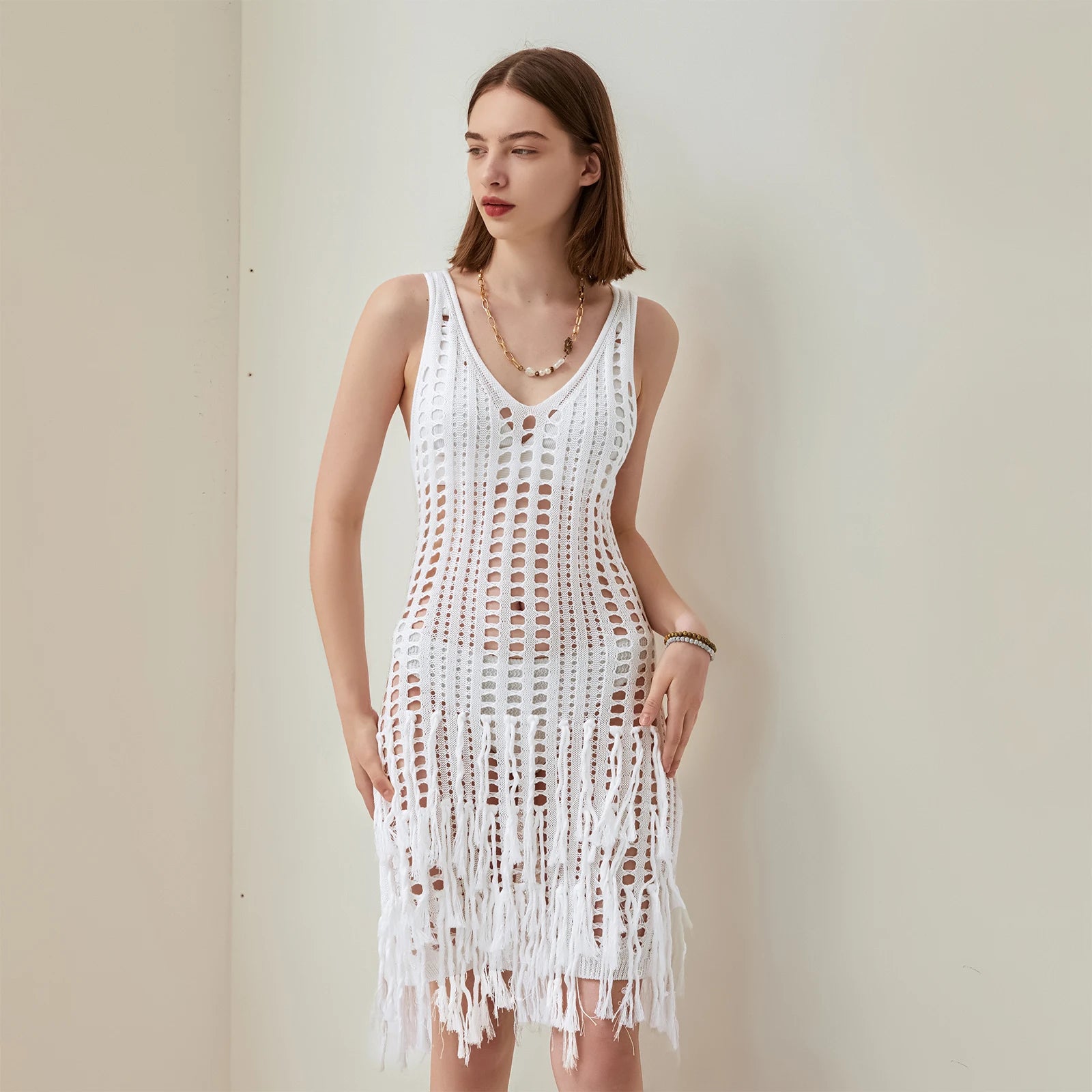 Women's Sleeveless Knit Cover-up Mini Dress for Summer Beach