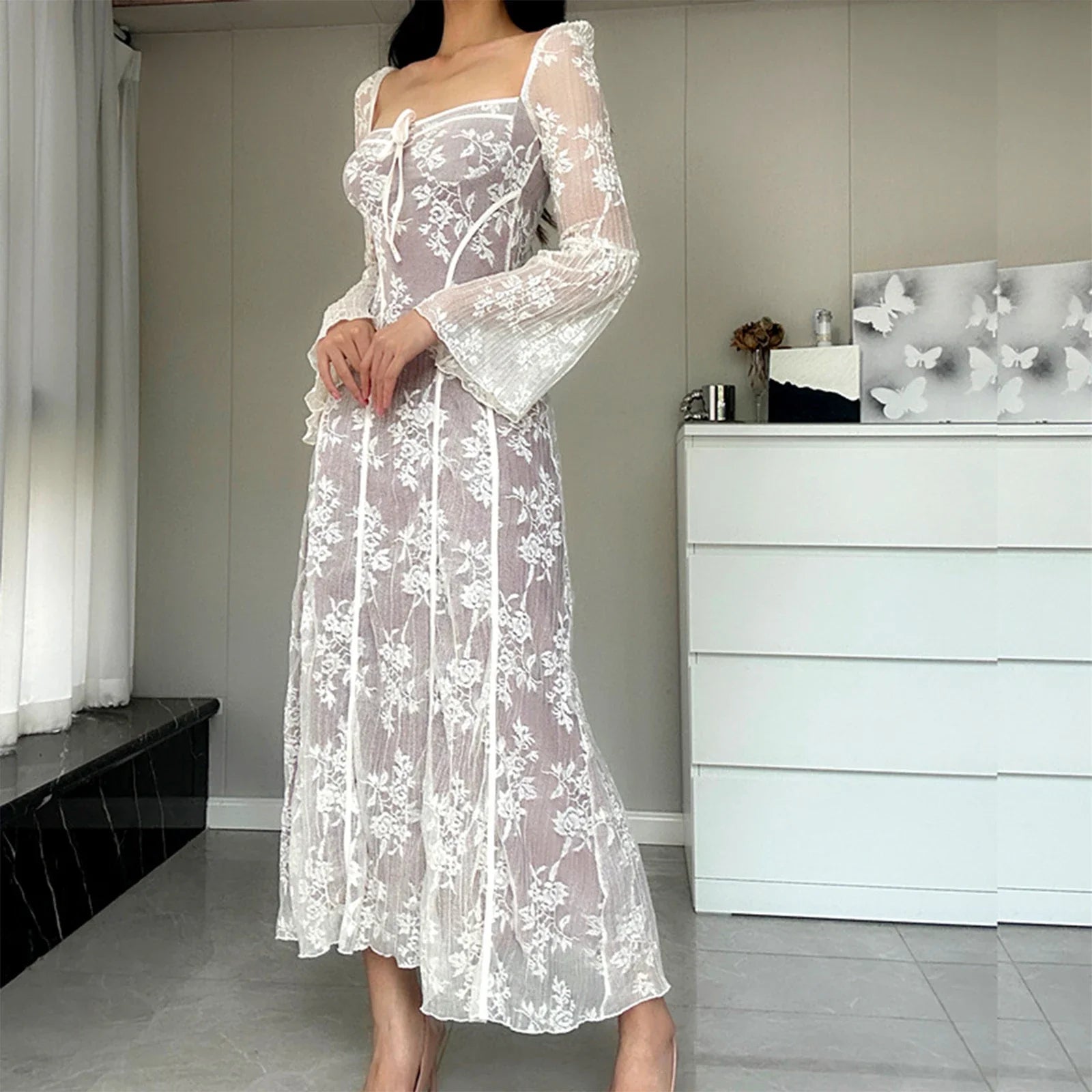 Women's Square Neck Long Sleeve Floral Swing Dress for Fall - Image 4