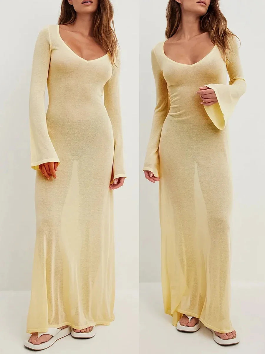 Chic Long Sleeve V-Neck See-Through Party Dress for Women