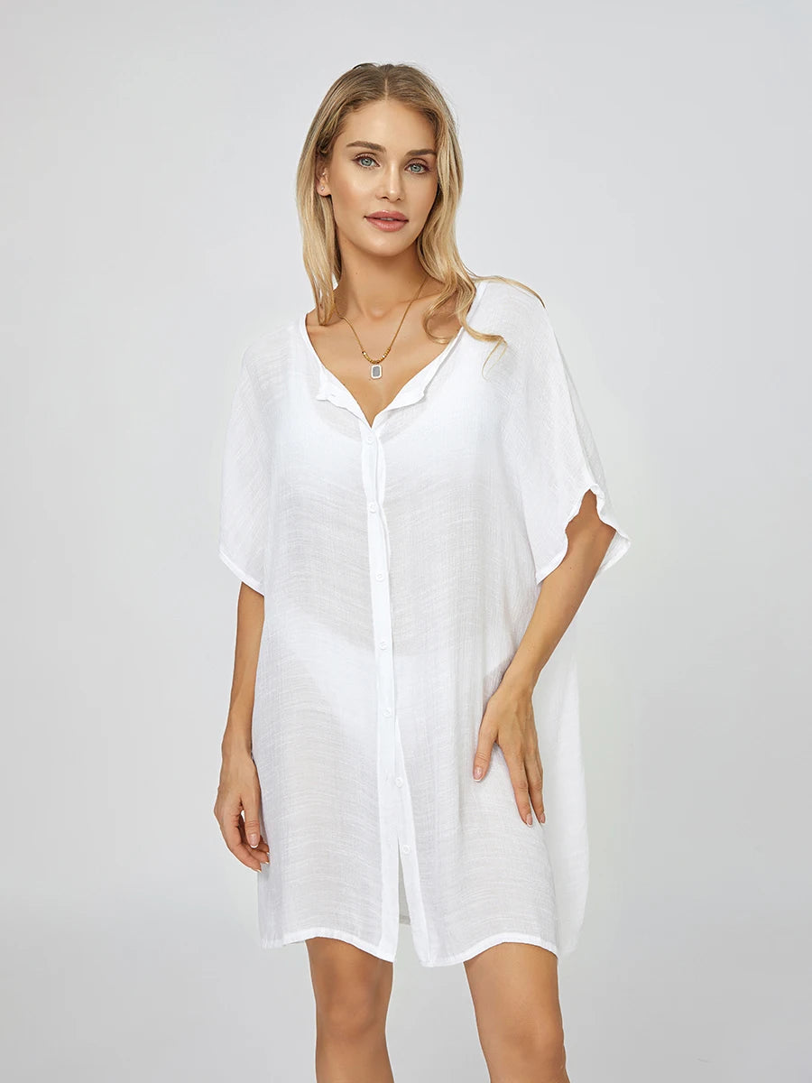 Women Button-Down Beach Cover-Up for Summer - Solid Color - Image 3