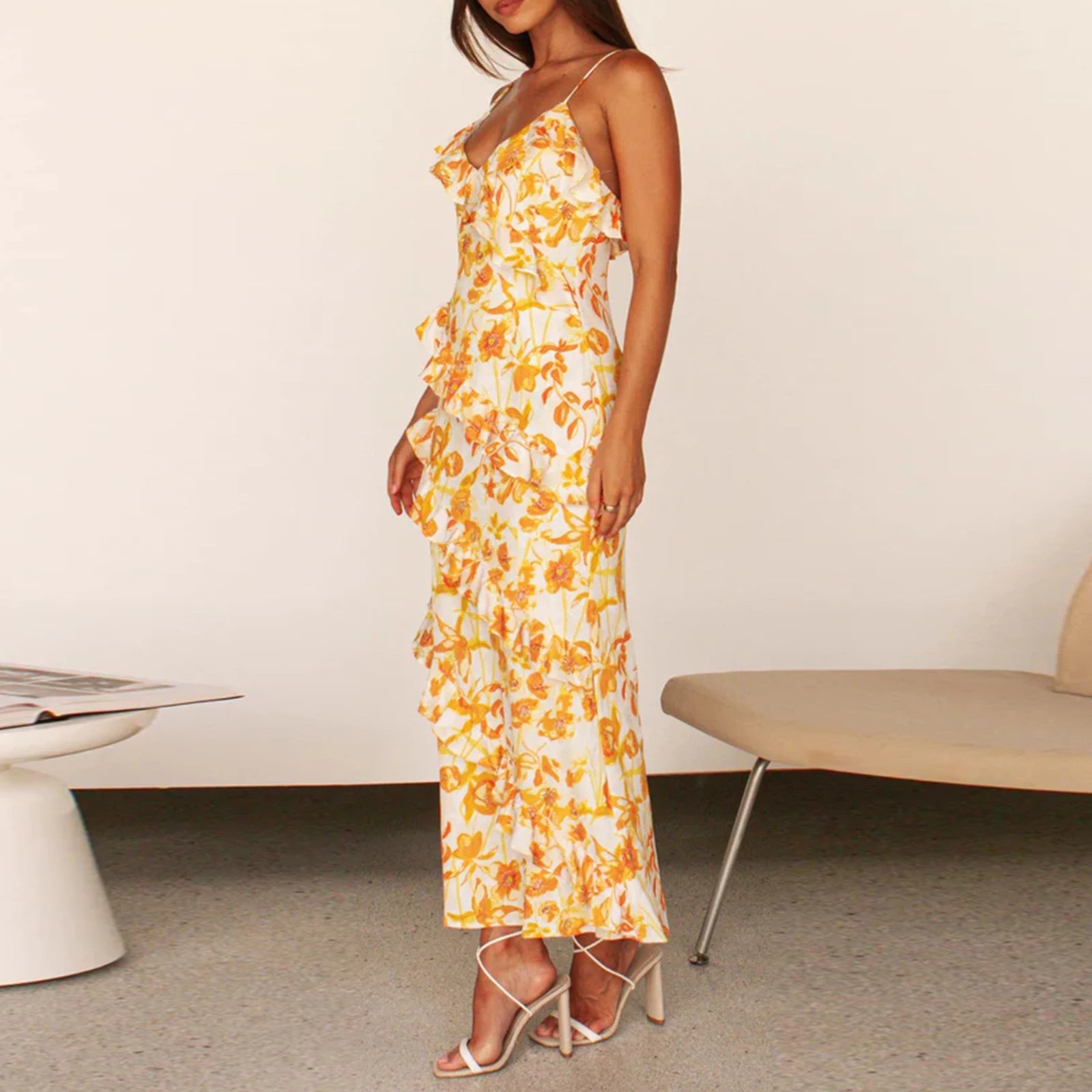 Women's Sleeveless V-Neck Floral Print Ruffled Summer Dress - Image 4