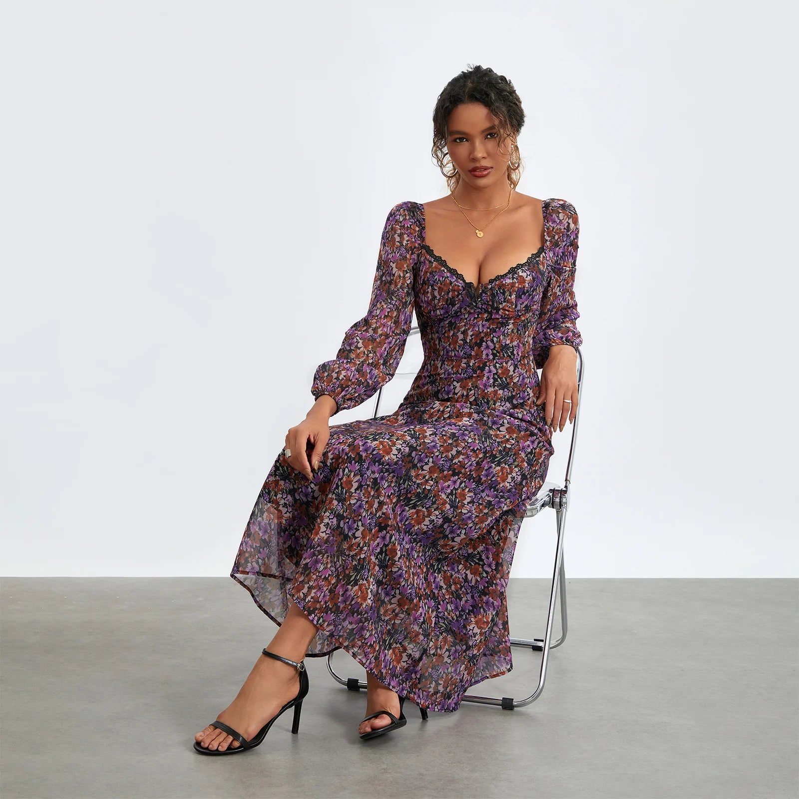 Floral Print Midi Dress with Sweetheart Neckline for Women - Image 7