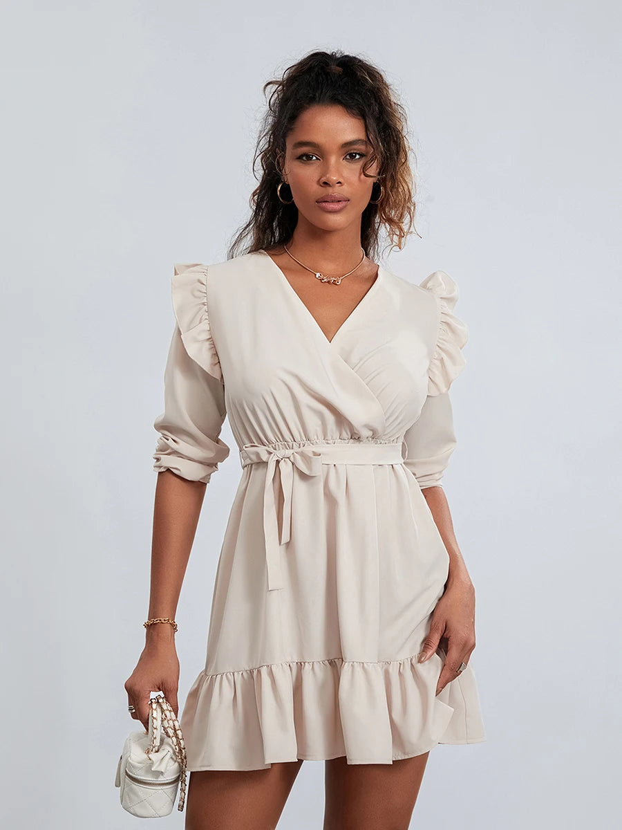 Stylish Women's V-Neck Mini Dress with Ruffles Hem and Belt - Image 5