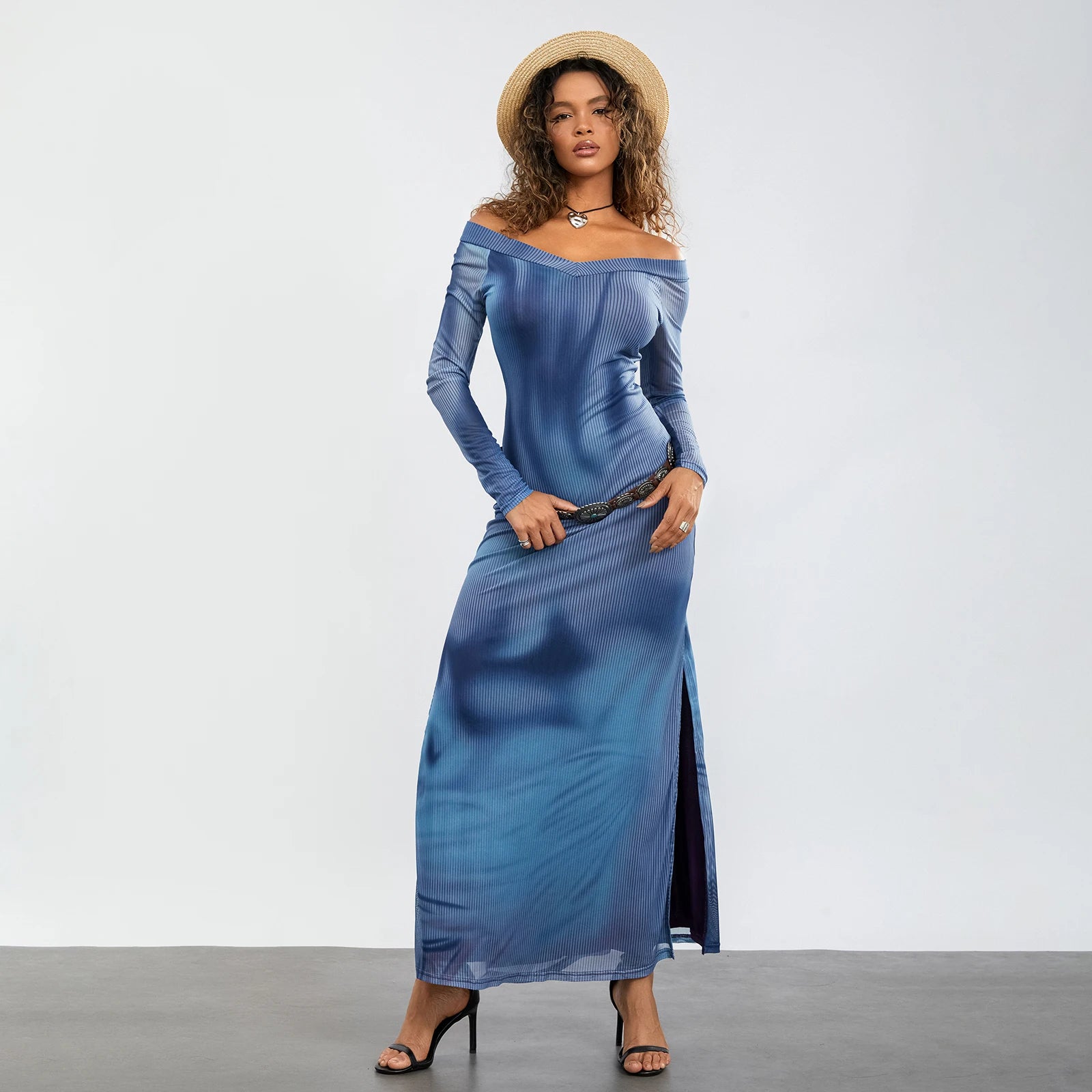 Women's Tie-Dye/Floral Print V-Neck Bodycon Dress with Slit Shoulder