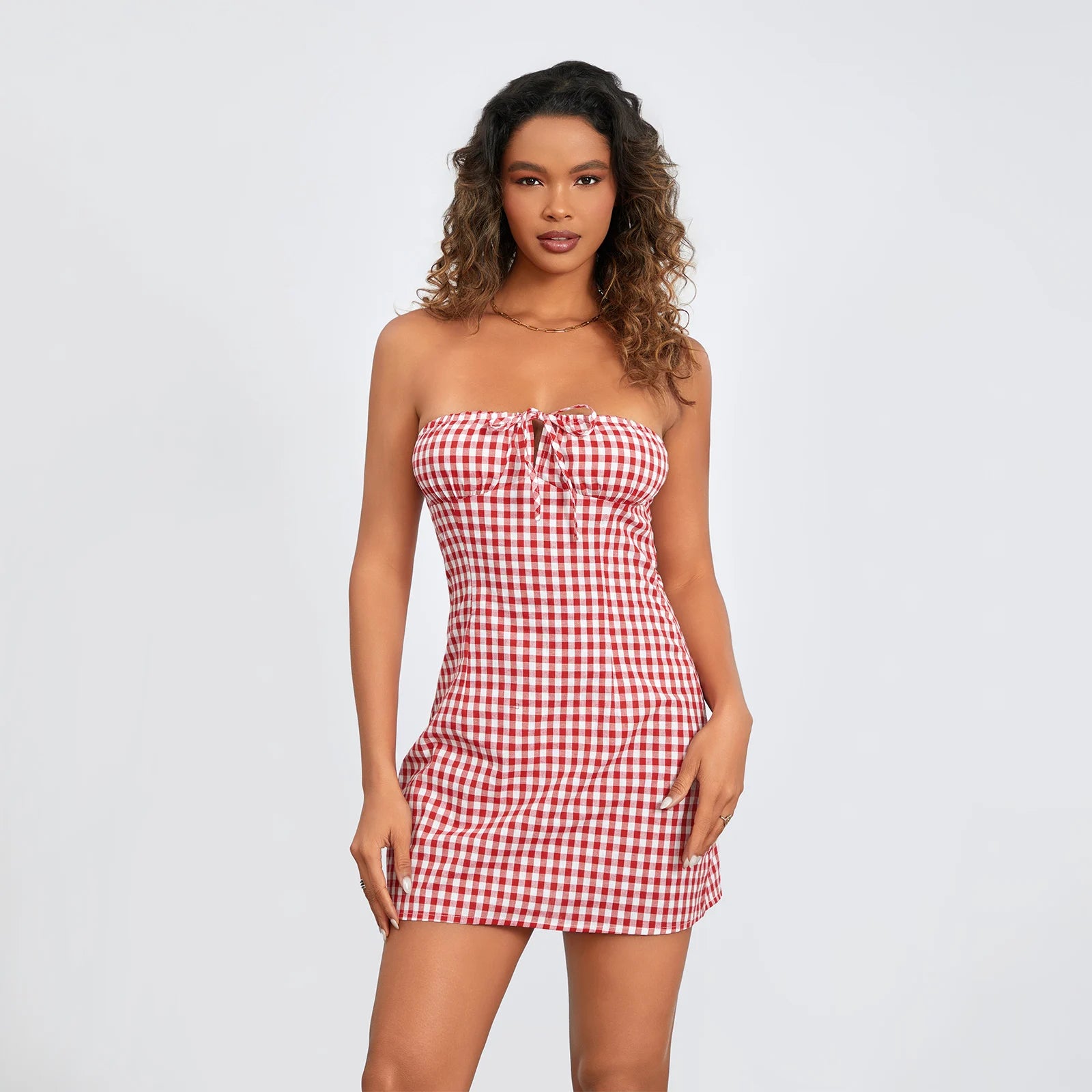 Flattering Women's Strapless Plaid Dress for Summer Clubwear - Image 4