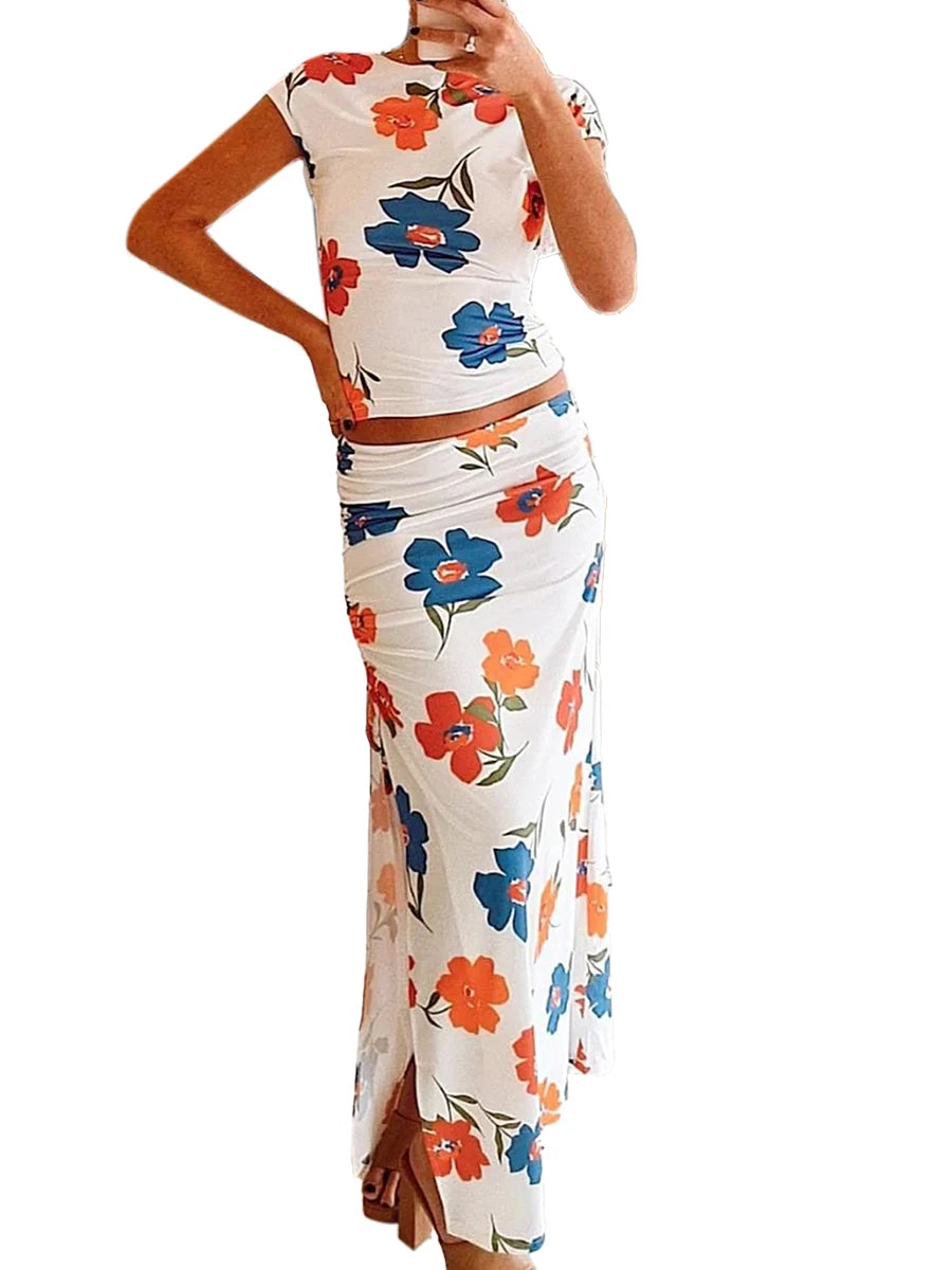 Floral Print Backless Top with Slit Long Skirt Set