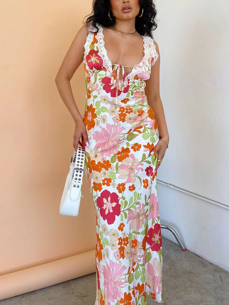 Summer Floral Print Sleeveless V-neck Tie-up Patchwork Dress for Women - Image 8