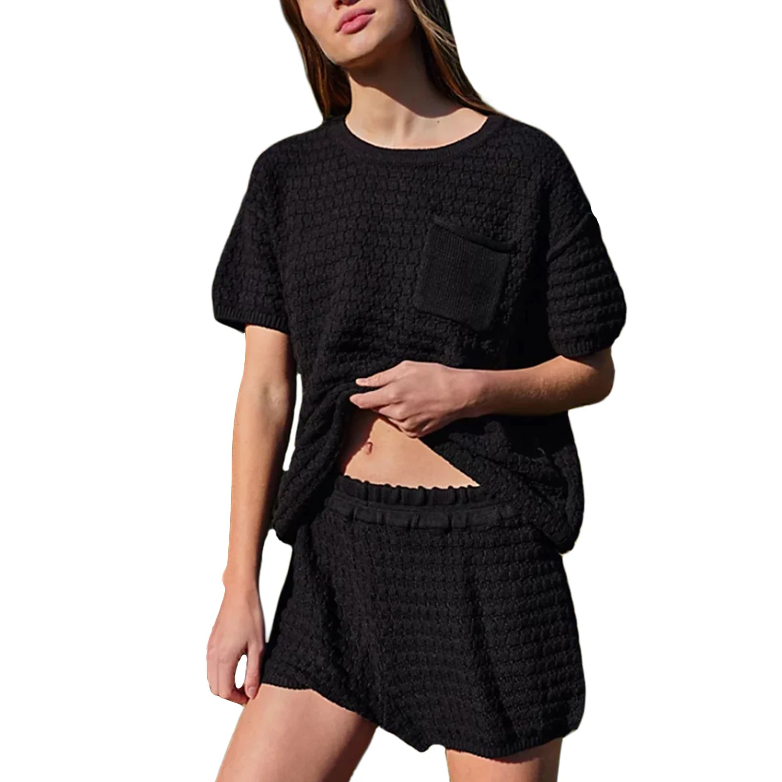 Women's Summer Knit Shorts and Top Set with Pocket - Image 4